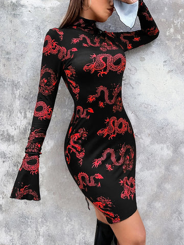 Chinese Dragon Print Flounce Sleeve Bodycon Dress