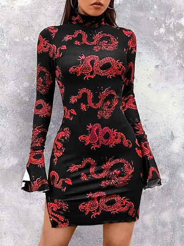 Chinese Dragon Print Flounce Sleeve Bodycon Dress