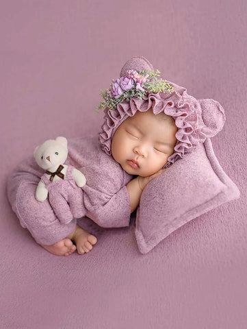 Newborn Photography Jumpsuit & 3D Appliques Hat & Pillow Prop