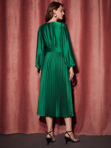Lantern Sleeve Pleated Hem Dress