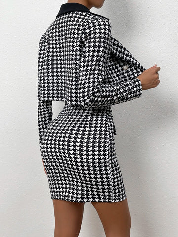 Houndstooth Print Lapel Neck Crop Jacket & Bodycon Dress