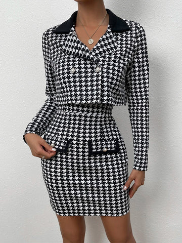 Houndstooth Print Lapel Neck Crop Jacket & Bodycon Dress