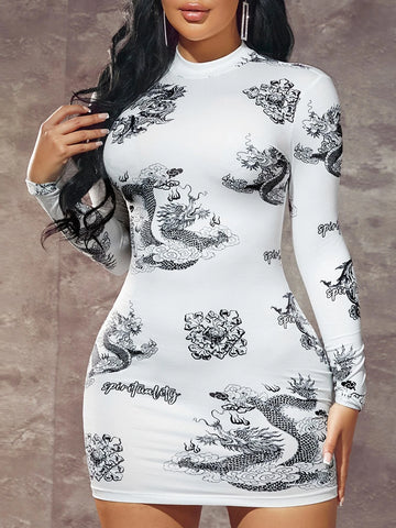 Chinese Dragon Print Mock Neck Bodycon Dress