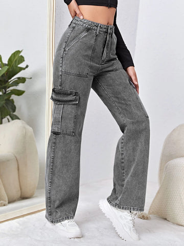 High Waisted Flap Pocket Cargo Jeans