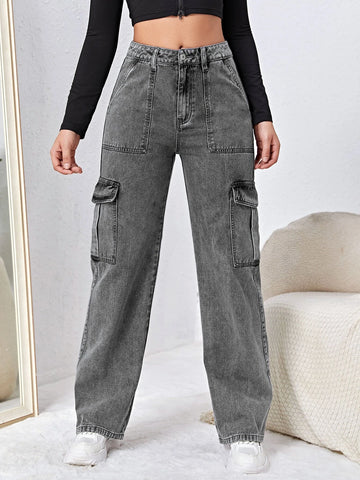 High Waisted Flap Pocket Cargo Jeans