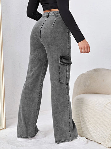 High Waisted Flap Pocket Cargo Jeans