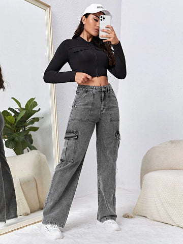 High Waisted Flap Pocket Cargo Jeans