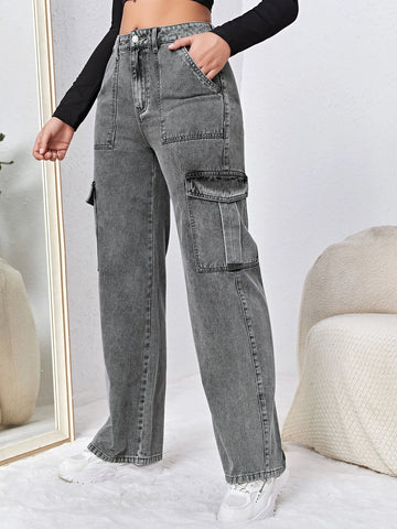 High Waisted Flap Pocket Cargo Jeans