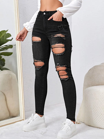 High Waist Cut Out Ripped Frayed Skinny Jeans