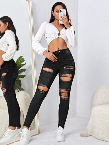 High Waist Cut Out Ripped Frayed Skinny Jeans