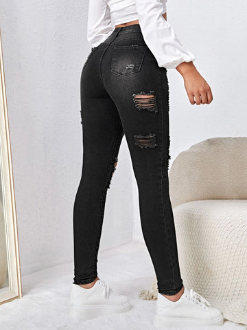 High Waist Cut Out Ripped Frayed Skinny Jeans
