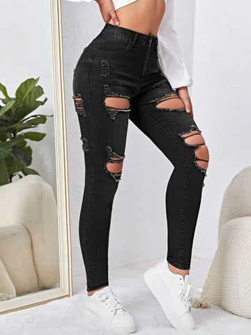 High Waist Cut Out Ripped Frayed Skinny Jeans