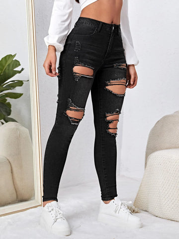 High Waist Cut Out Ripped Frayed Skinny Jeans