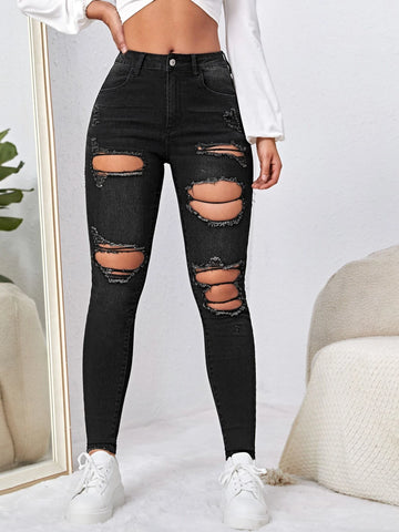 High Waist Cut Out Ripped Frayed Skinny Jeans