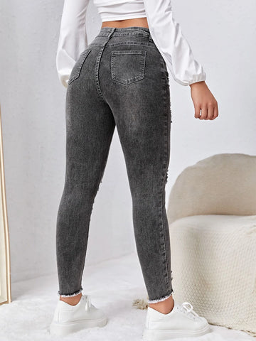High Waist Ripped Moustache Effect Skinny Jeans