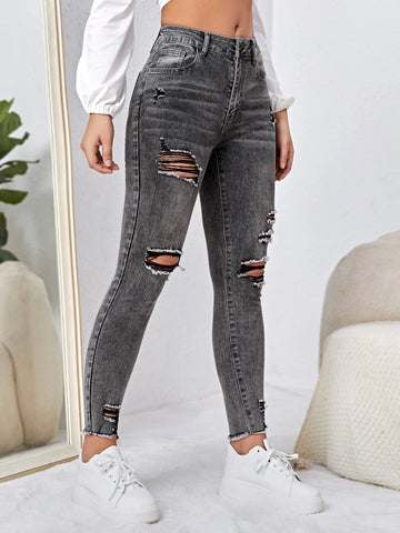 High Waist Ripped Moustache Effect Skinny Jeans