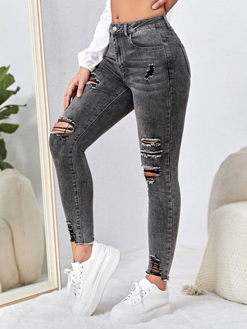 High Waist Ripped Moustache Effect Skinny Jeans