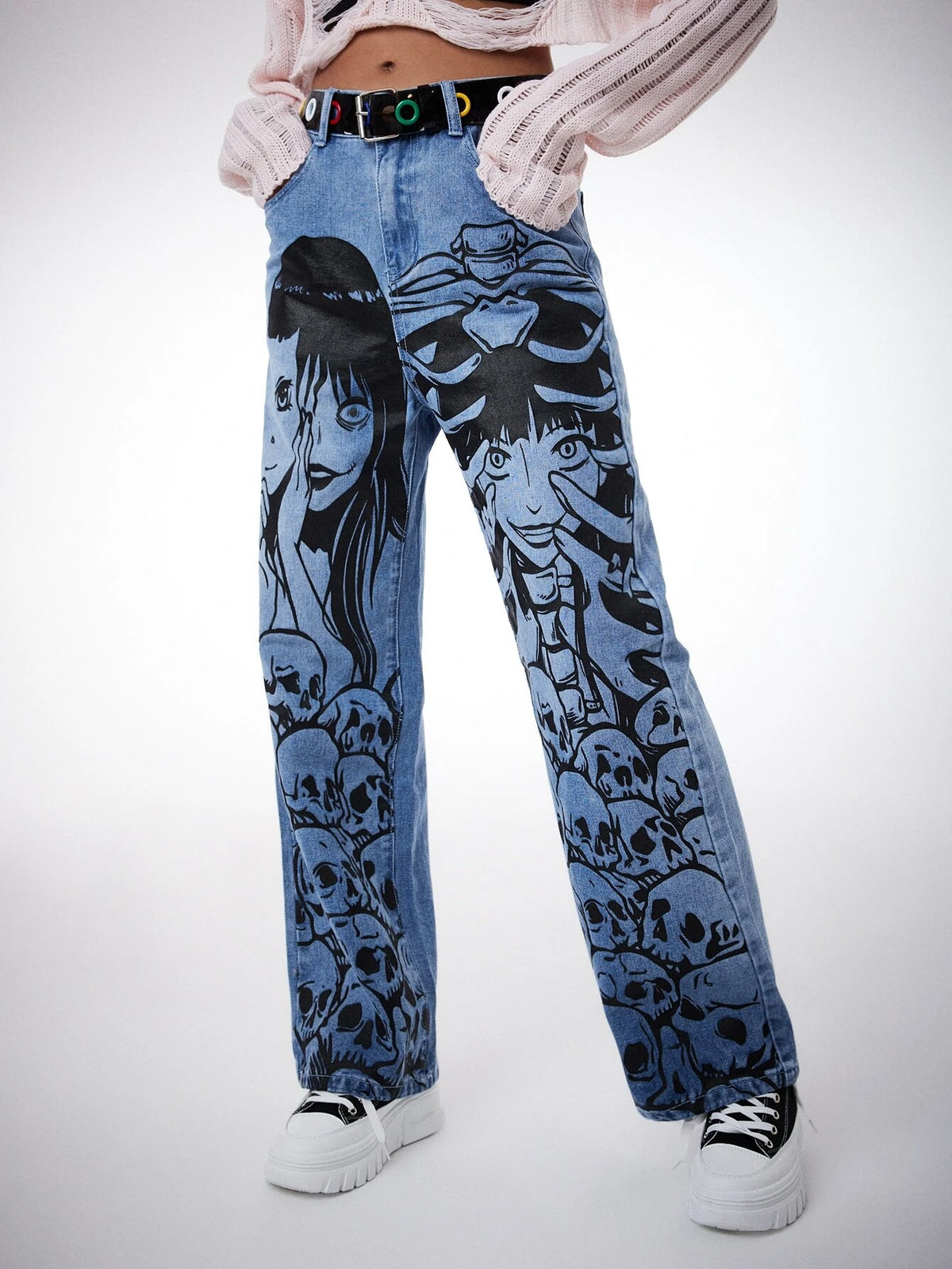 ROMWE Anime Figure Graphic Straight Leg Jeans Without Belt
