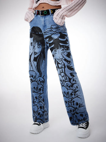 ROMWE Anime Figure Graphic Straight Leg Jeans Without Belt