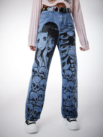 ROMWE Anime Figure Graphic Straight Leg Jeans Without Belt