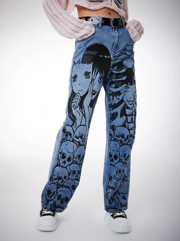 ROMWE Anime Figure Graphic Straight Leg Jeans Without Belt