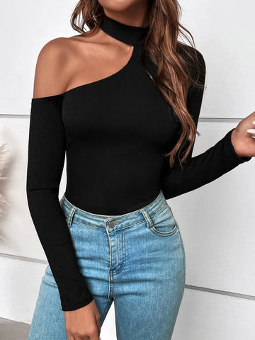 Asymmetrical Neck Ribbed Knit Tee