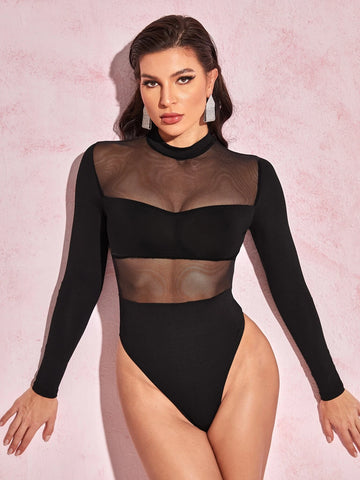 Mock Neck Mesh Insert Bodysuit