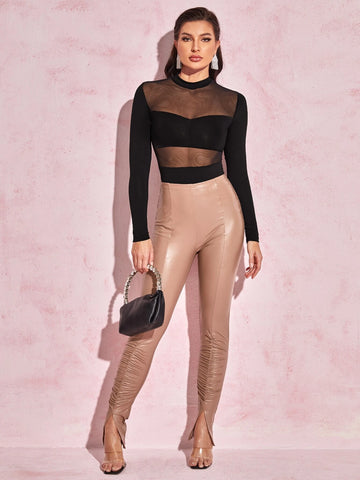 Mock Neck Mesh Insert Bodysuit