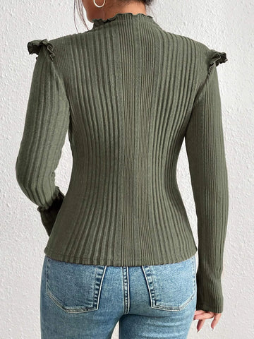 Felegant Mock Neck Ruffle Trim Tee