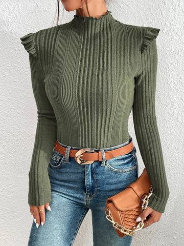 Felegant Mock Neck Ruffle Trim Tee