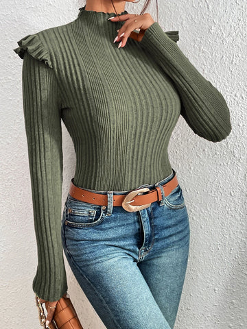 Felegant Mock Neck Ruffle Trim Tee