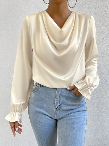 Draped Collar Flounce Sleeve Blouse
