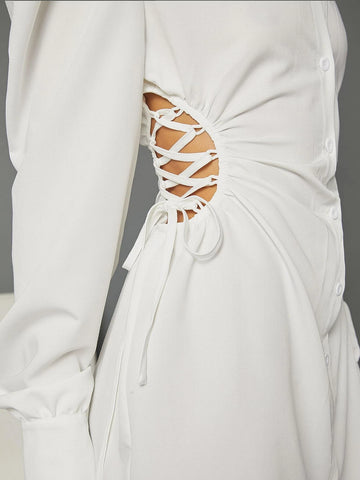 Lace Up Side Puff Sleeve Shirt Dress