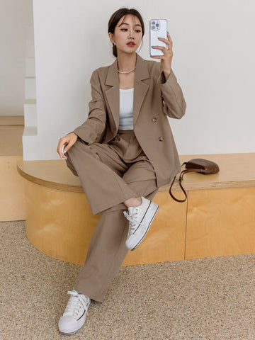 DAZY Lapel Neck Blazer & Fold Pleated Tailored Pants