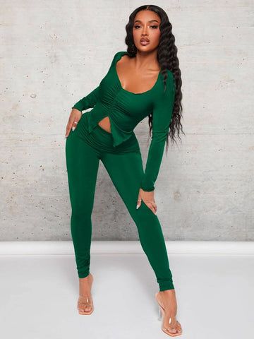 Sweetheart Neck Split Hem Top & Leggings