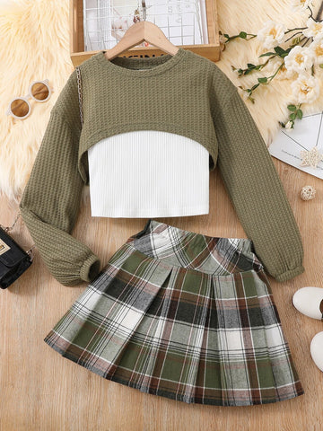 Girls Drop Shoulder Crop Tee & Plaid Print Skirt & Tank Top