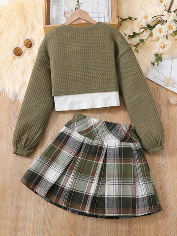 Girls Drop Shoulder Crop Tee & Plaid Print Skirt & Tank Top