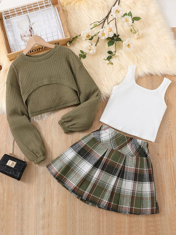 Girls Drop Shoulder Crop Tee & Plaid Print Skirt & Tank Top