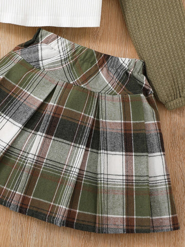 Girls Drop Shoulder Crop Tee & Plaid Print Skirt & Tank Top