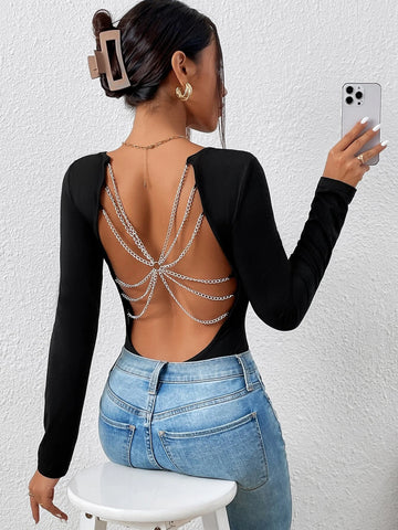 Chain Detail Backless Bodysuit