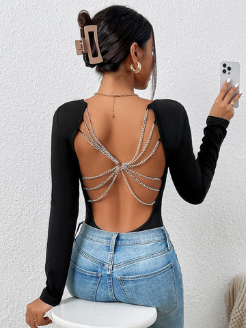 Chain Detail Backless Bodysuit