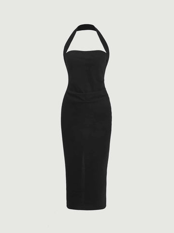 Solid Split Hem Halter Dress
