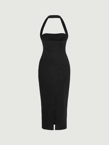 Solid Split Hem Halter Dress