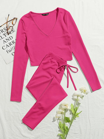 V-neck Rib-knit Solid Tee and Knotted Waist Leggings Set