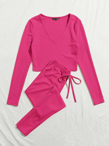 V-neck Rib-knit Solid Tee and Knotted Waist Leggings Set
