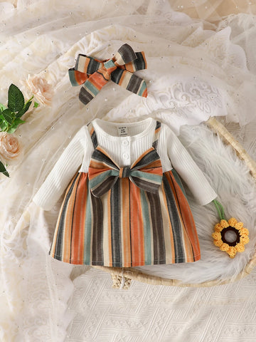 Newborn Baby Plaid Bow Front 2 In 1 Dress With Headband