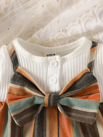 Newborn Baby Plaid Bow Front 2 In 1 Dress With Headband