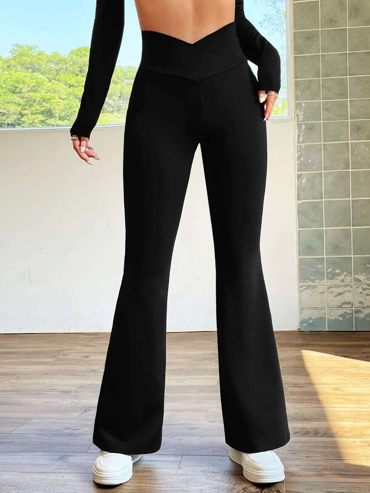 EZwear Overlap Waist Flare Leg Pants