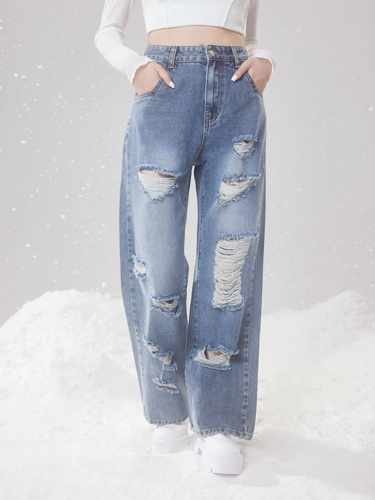 ROMWE Fairycore High Waist Ripped Straight Leg Jeans
