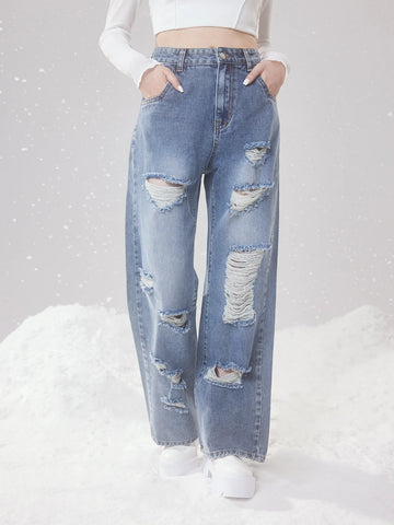 ROMWE Fairycore High Waist Ripped Straight Leg Jeans